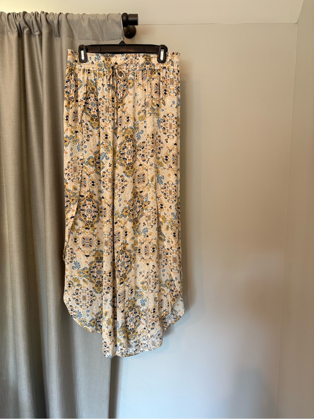 Hem & Thread Cream Floral Pants with Blue & Mustard Accents